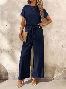 SHEIN Clasi 女士度假花卉蕾丝边圆领蝙蝠袖宽松连体裤 - 藏蓝色 - 查看 2