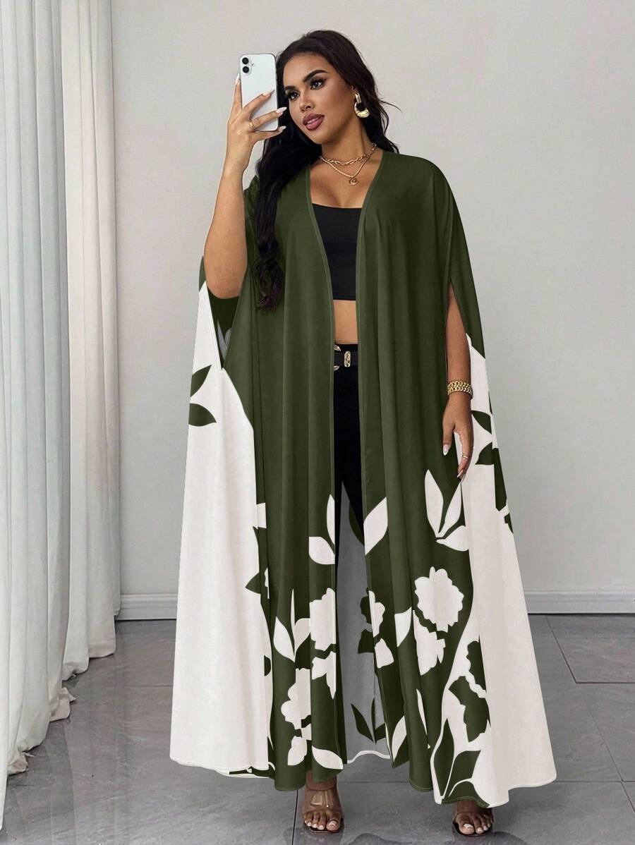 SHEIN Unity Áo khoác tay lửng họa tiết hoa chắp vá màu tương phản cỡ lớn - màu xanh lá - Xem 1