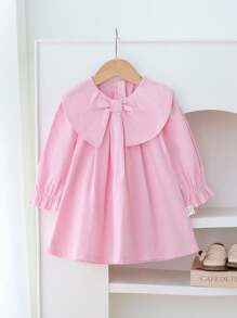 SHEIN 3M-3Y 女婴粉色公主裙，甜美优雅简约可爱风格，柔软舒适的面料，蝴蝶结装饰，泡泡袖，A 字裙，宽松易穿，适合春夏秋季、生日派对、拍照、上学、郊游 - 粉色 - 查看 3