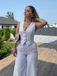 Jeta Ari 2pcs Women's Striped V-Neck Sleeveless Button Front Top And Contrast Color Pocket Pants Set - Multicolor - View 4