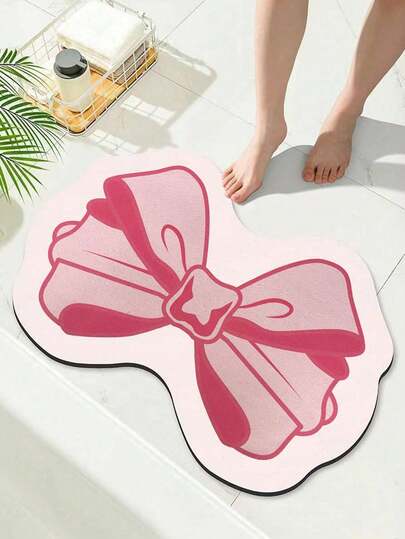 SHEIN 1 Pink Bow Bathroom Carpet Diatom Mud Non-Slip Absorbent Bathroom Mat, Decorated With Butterfly-Themed Carpet, Suitable For Kitchen Or Living Room, Easy To Machine Wash, Adding Festive Atmosphere To Mother's Day Home Decoration. Home Bathroom Decor Summer