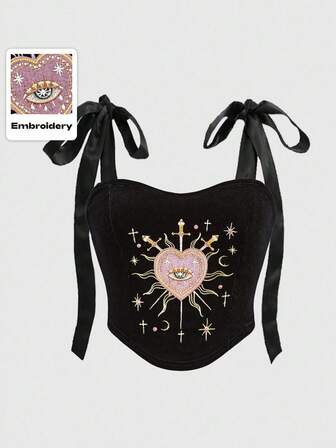 Goth Gotischer Palast-Stil Damen-Herzstickerei, Strass, Kristall-Träne, Stern-Dekor Quadratischer Ausschnitt Schwarzes Schnür-Camisole Crop Top