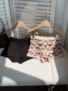 Comfortcana 2 件女式秋季休闲西部抽绳腰豹纹针织短裤套装，返校，豹纹短裤，猎豹动物印花短裤，返校女装，波西米亚女装，哥特女装 - 彩色 - 查看 6