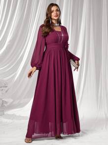 Coutiva Plus Size Women's Rhinestone Decor Long Sleeve High-End Evening Gown, Elegant Luxury Party Dress Sequin Dress  Lace Dress Red Dress Burgundy Dress Luxury Evening Dresses For Women - Burgundy - View 6