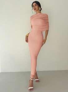 Firerie Váy ôm dáng xếp ly cổ bẻ màu vàng lãng mạn thanh lịch, eo không đối xứng, trang phục đi biển cho nữ, trang phục sân bay cho nữ, trang phục đi nghỉ, trang phục giáo viên cho nữ, váy mùa thu cho nữ - Hồng - Xem 4