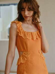 MOTF STUDIO ROMANTIC VACATION RUFFLE TRIM EYELET EMBROIDERED DRESS - Orange - View 2