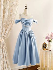 Vintamour 复古优雅缎面仿珍珠项链露肩连衣裙，女士正式派对节日服装，女士夏季连衣裙，女士夏季服装，女士夏季连衣裙，女士夏季度假服装，女士婚礼宾客礼服，女士生日礼服，夏季服装，女士生日服装，度假礼服，女士紧身胸衣连衣裙，夏季连衣裙，女士派对礼服，女士节日服装，女士早午餐服装 - 藍色 - 查看 4