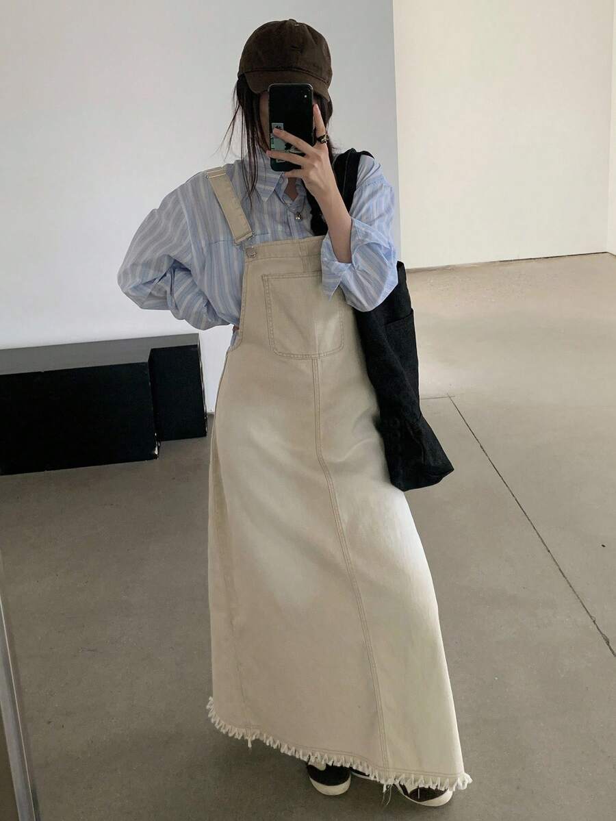 DAZY 女士休闲水洗毛边长款牛仔连衣裙 夏季女装 - 米色 - 查看 1