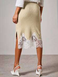 COSMINA Women's Elegant Lace Patchwork Knit Sweater Skirt, Autumn/Winter,Fall - Khaki - View 2