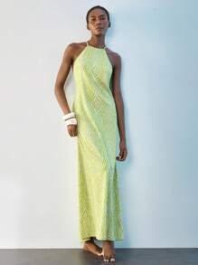 Maija 女式数字几何印花 V 领系腰连衣裙，百搭时尚都市派对装，修身腰部设计，讨人喜欢的彩色印花假日连衣裙，波西米亚风格度假连衣裙，优雅女装，缎面连衣裙 - 綠色 - 查看 5