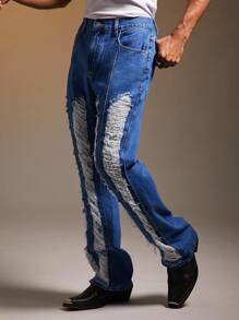 FeverCity Men's Casual Distressed Frayed Pocket Denim Jeans, Emo Style - Blue - View 5