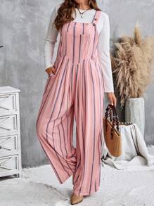 EMERY ROSE Plus Size Women's Pastel Pink Striped Summer Boho Vacation Holiday Casual Pocket Design Pleated Wide Leg Palazzo Jumpsuit Fall Long Clothes - Multicolor - View 1