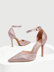 CUCCOO SZL Women's Pointed Toe Rhinestone Embellished Ankle Strap Stiletto High Heel Party Pumps, Champagne Color, Pink - Champagne - View 6