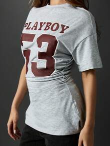 Missguided x Playboy Oversized T Shirt With Cinched Waist Design Retro Varsity Number Print Collegiate Style Cotton Casual Summer Tee Street Fashion Top Crew Neck - Light Grey - View 4