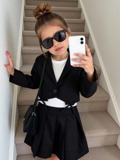 SHEIN Kleine Mädchen gewebte einfarbige kurze Lässig Windjacke, Lässig vielseitige gewebte einfarbige Hemd mit Kragen, Rückkehr zur Schule, Rückkehr zur Schule, Sommer Tops, Kleidung für Kleine Mädchen, Babydoll Top, Kleidung für Kleine Mädchen, passend zu weißen Hemdjacken, süße Tops, Rückkehr zur Schulzeit, Mutter und Tochter & Schwestern Matching.