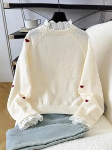 SHEIN Tween Girl Casual   Pullover Sweater, Elegant Embroidered Lace Trim Heart Embroidery Loose Raglan Sleeve Pullover Sweater, Soft Comfortable Thick In Fall/Winter - Apricot - View 4