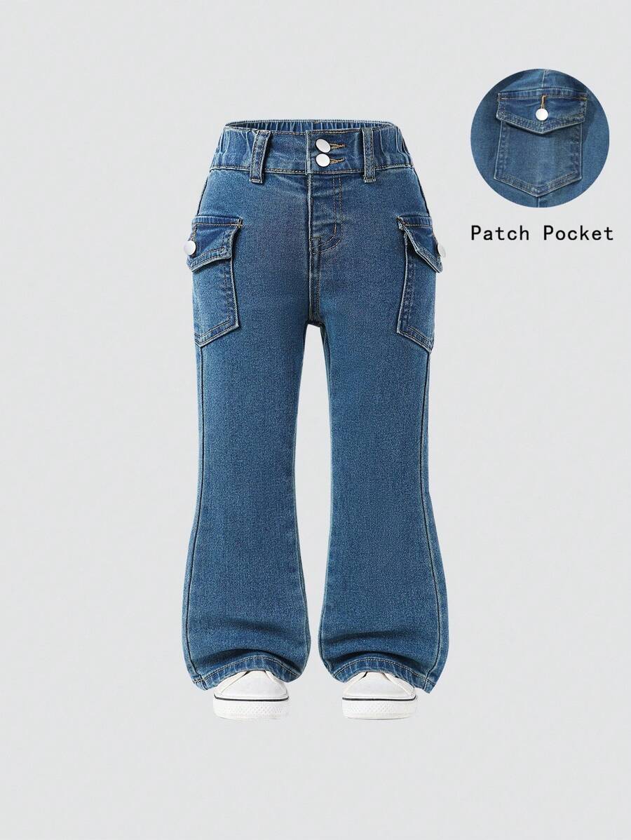 SHEIN Explorewe Girls Casual Multi-Pocket Elastic Waist Black Washed Cargo Flare Jeans Fall Winter - Dark Wash - View 1