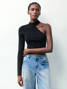 Maija 女士休闲纯色单肩长袖短款毛衣万圣节服装女士休闲衬衫黑色上衣秋冬女装 - 黑色 - 查看 5