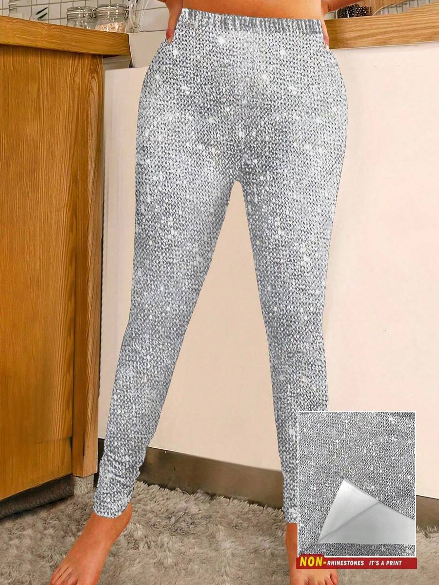 INAWLY Plus Size Metallic Shiny Stretch Skinny Cropped Leggings, Suitable For Spring/Autumn - Silver - View 1