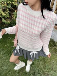 SHEIN Teen Girl Striped Cute Loose Elegant Comfortable Pullover Knit Sweater,In Fall/Winter - Pink - View 4