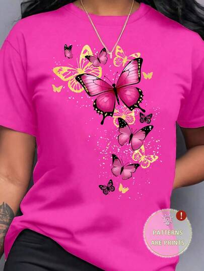 Camiseta de manga corta con cuello redondo y estampado de mariposas para mujer de talla grande, de verano