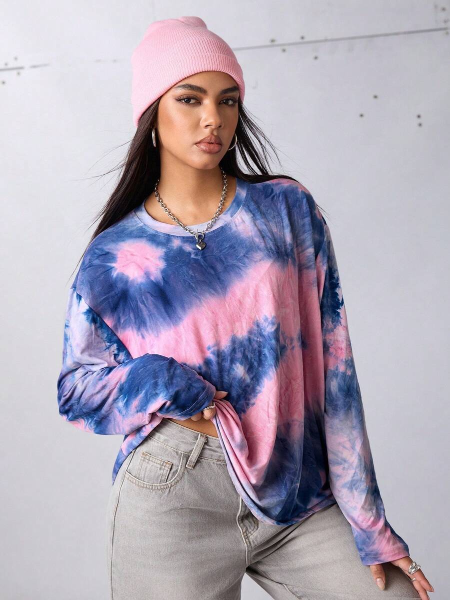 SHEIN Sports Women's Tie-Dye Loose Fit Drop Shoulder Long Sleeve T-Shirt, Comfortable Sports Wear