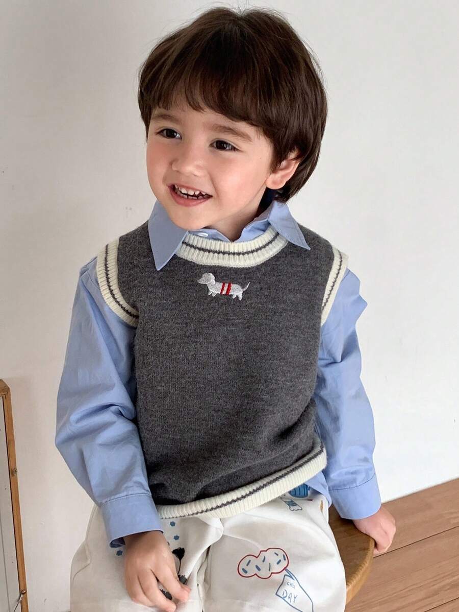 儿童秋装幼儿男童宽松毛衣背心腊肠犬宽松休闲可爱图案刺绣秋季 - 灰色 - 查看 1