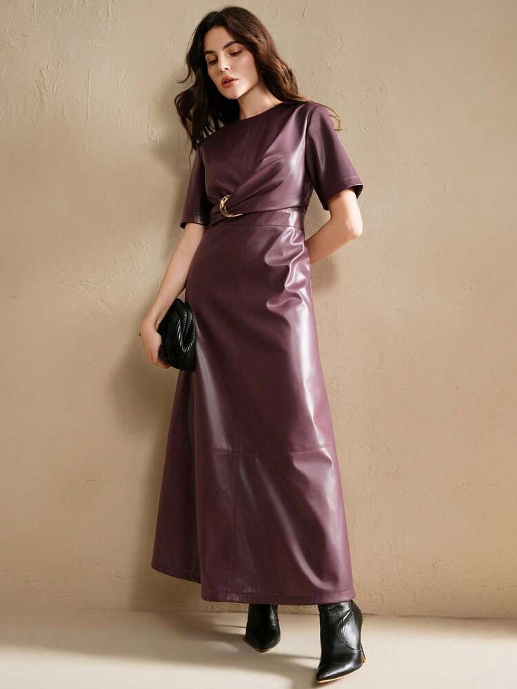 Women's Long Dress With Waist Pleats, Urban Chic Fashion Commuter Versatile PU Short Sleeve Dress