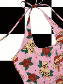 Shutterstock Women's Skeleton & Floral Print Fashion Halter Neck Tank Top Pink Top Skull Print Top Rose Print Top Tattoo Print Top Pink Halter Top - Pink - View 5