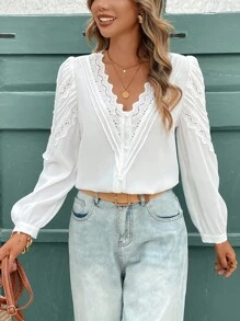 SHEIN Frenchy Vacation Casual Solid Color Hollow Out Embroidered Puff Sleeve Shirt Winter White - White - View 7