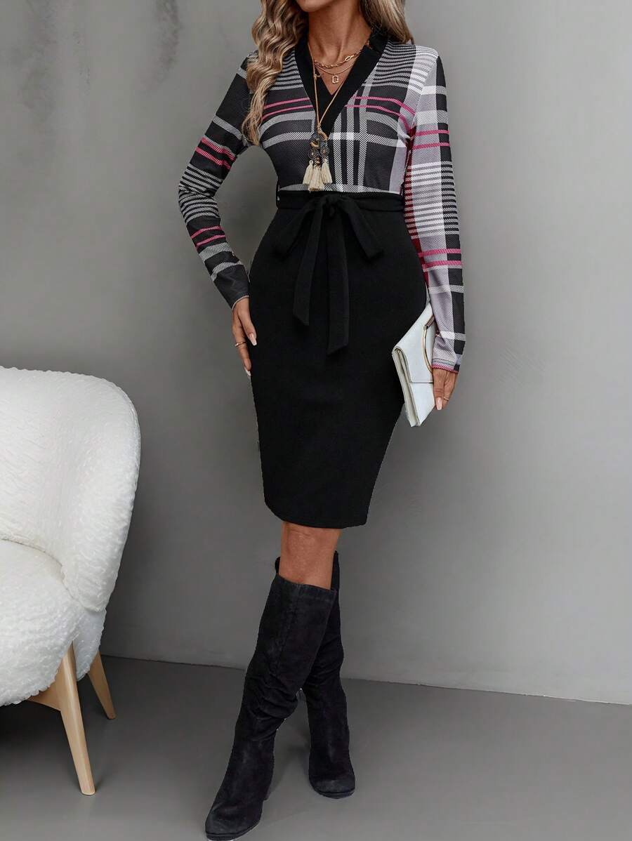 SHEIN LUNE Women's Fitted Plaid Splicing Autumn Dress - Black - View 1