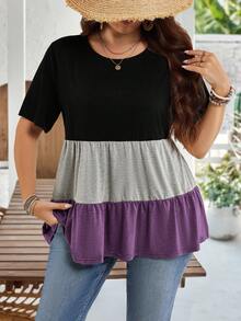 EMERY ROSE Damen Große Größen Farbblock Rundhals Kurzarm Rüschen Saum Lässig Tunika Tops für Frühling und Sommer Muttertag