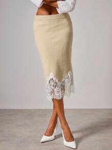 COSMINA Women's Elegant Lace Patchwork Knit Sweater Skirt, Autumn/Winter,Fall - Khaki - View 1