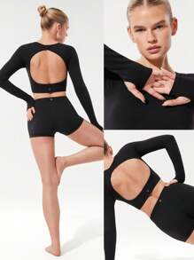 GLOWMODE Second-Skin 无缝交叉露背圆领短款长袖上衣，带拇指孔，低冲击瑜伽普拉提工作室日常休闲装，可拆卸罩杯 - 黑色 - 查看 7