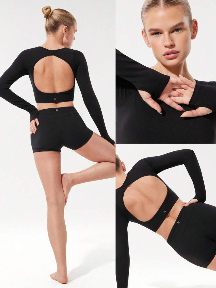 Second-Skin Seamless Crossover Open Back Scoop Neck Cropped Long-Sleeve Top With Thumbholes Low Impact Yoga Pilates Studio Daily Casual Wear Removable Cups