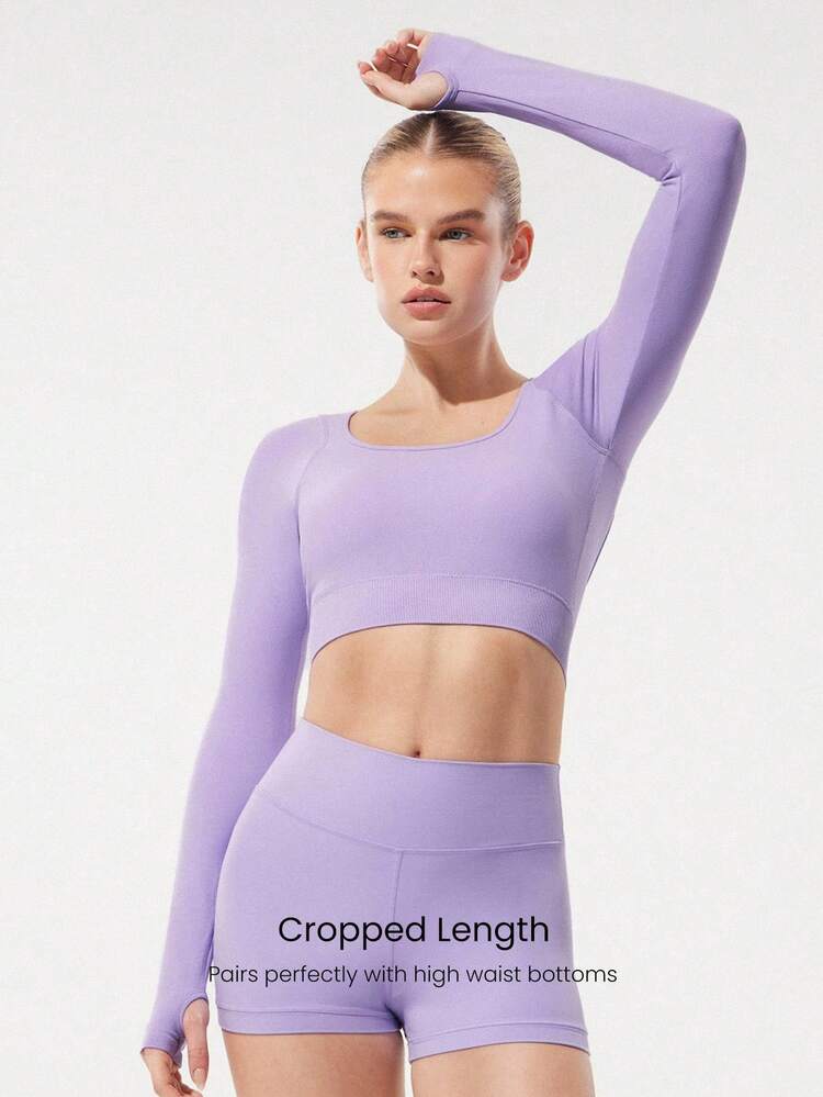 Second-Skin Seamless Crossover Open Back Scoop Neck Cropped Long-Sleeve Top With Thumbholes Low Impact Yoga Pilates Studio Daily Casual Wear Removable Cups