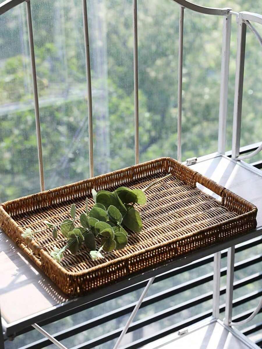 SHEIN 3PCS/2PCS/1PC 复古编织托盘带手柄，面包篮，零食、蔬菜、水果、甜点储物篮，适用于桌面、客厅、阳台、野餐、家居收纳和装饰性收纳托盘 - 咖啡棕 - 查看 1