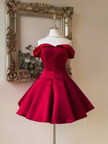 SHEIN Belle Elegante y lujoso vestido rojo con hombros descubiertos y parches de satén con diseño evasé para boda, fiesta, vacaciones, baile de graduación (con adornos elaborados), vestido semi formal para cumpleaños, invitado de boda, fiesta de graduación - Rojo - Ver 1