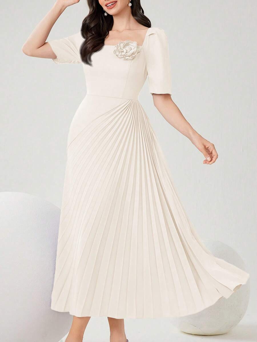 Modelyn 女士纯色简约日常连衣裙，褶皱设计和花卉装饰长款晚礼服 - 杏色 - 查看 1