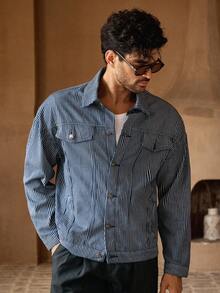 HIMLAND 男士休闲宽松牛仔夹克，条纹翻领和落肩，长袖条纹牛仔衬衫男士条纹夹克，秋季 - 藍色 - 查看 5