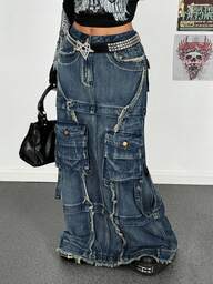 StreetHx Women's Fashion Utility Extra Long Denim Skirt , Cargo Skirt