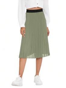 Ellevyn Women's Fashion Casual Elegant Contrast Color Pleated Midi Skirt