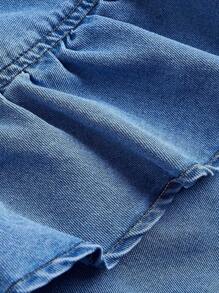 SHEIN CURVE+ 大码女式休闲牛仔裙，腰部系带，层叠荷叶边下摆 - 藍色 - 查看 4