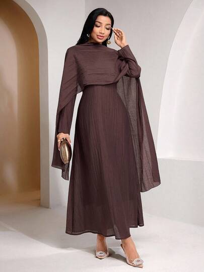Veilorie Modest Women's Arabic Style Dress With Shawl,Women,Brown Dress,Fall Clothes For Women