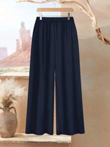 Rusticease 大码女式两件套西装：格子拼色图案印花长袖衬衫和纯色宽松裤，优雅休闲春夏季，两件套夏季服装女式夏季服装，两件套女式秋季服装 - 藏蓝色 - 查看 5