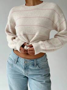 FavEase 女式条纹落肩长袖短款休闲套头衫针织套头衫秋冬 - 彩色 - 查看 4