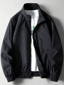 SHEIN Teenager Boys' Basic Black Jacket Back To School Casual Street Text Logo Embroidery Solid Color Versatile Comfortable Stand Collar Long Sleeve Jacket, Suitable For Commuting, School, Daily Casual, Travel, Sports, Party, Autumn/Winter Black Jacket Boys Teen Boys Jacket Zip Up Jacket Boys Fall Autumn And Winter