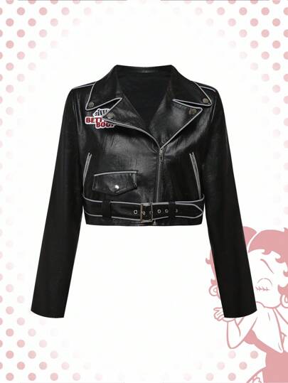Betty Boop | ROMWE Letter Graphic Y2K Embroidered Moto Biker Colorblock PU Leather Padded Jacket For Women
