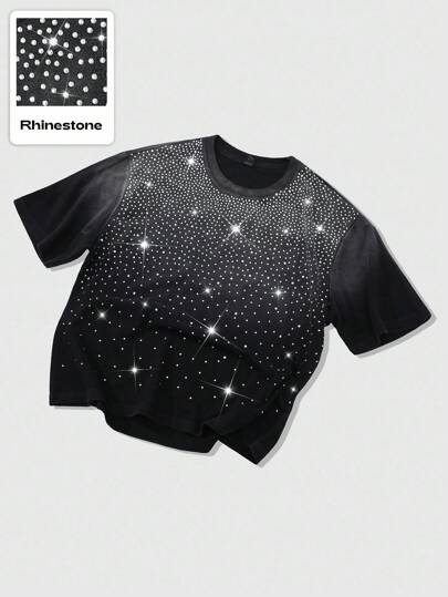 Street Life Men's Rhinestone Print T-Shirt, Suitable For Everyday Wear, Spring/Summer
