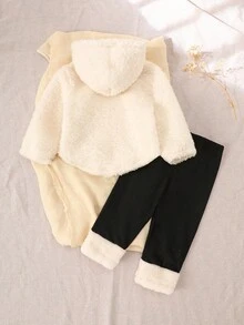 SHEIN 2 件女婴可爱熊图案刺绣蓬松连帽衫上衣和裤子套装，秋冬休闲装 - 彩色 - 查看 2